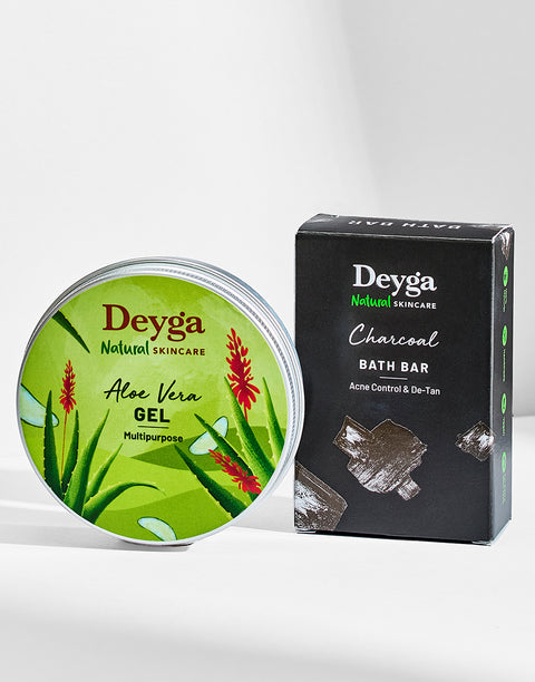 Deyga Clear Skin Combo which includes alevera gel and charcoal bath bar